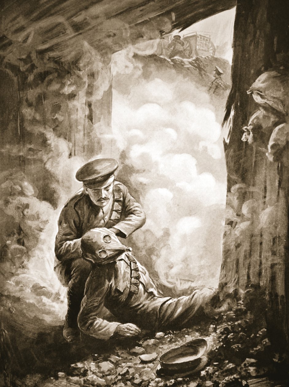Unteroffizier Raynes setzt Sergeant Ayres nach der Explosion einer Gasgranate seinen Rauchhelm auf (Lithografie) von Alfred Pearse
