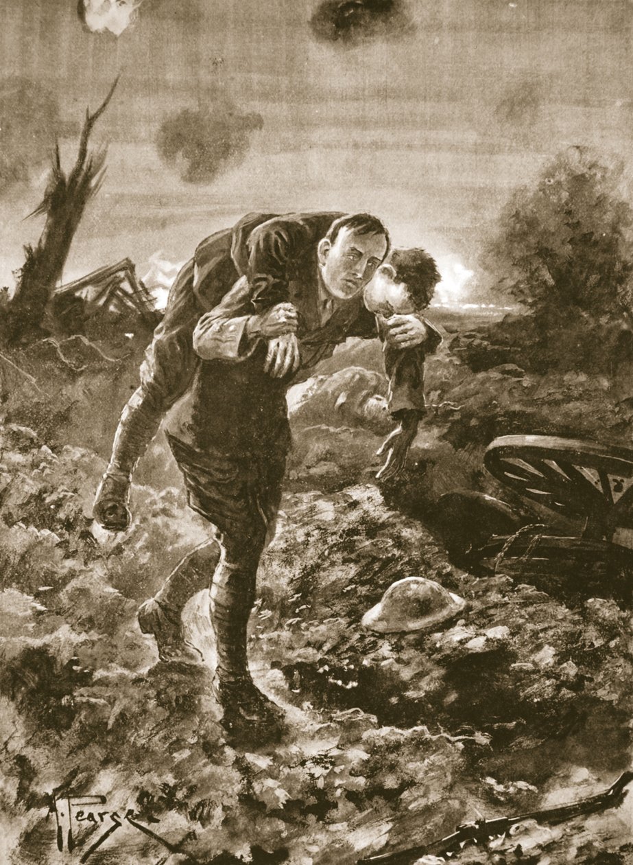 Vorübergehender Leutnant G. St. G. S. Cather bringt einen verwundeten Mann in voller Sicht des Feindes und unter Maschinengewehr- und Artilleriefeuer von Alfred Pearse