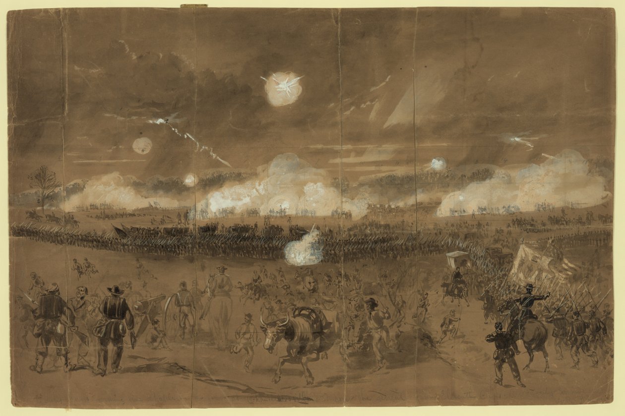 Couchs Korps bildet Schlachtlinie in den Feldern bei Chancellorsville, um den Rückzug des elften Korps zu decken, das schändlich davonläuft von Alfred R. Waud