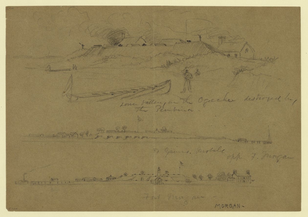 Drei Szenen militärischer Einrichtungen - untere Batterie am Ogeechee, zerstört von der Pembina von Alfred Rudolph Waud