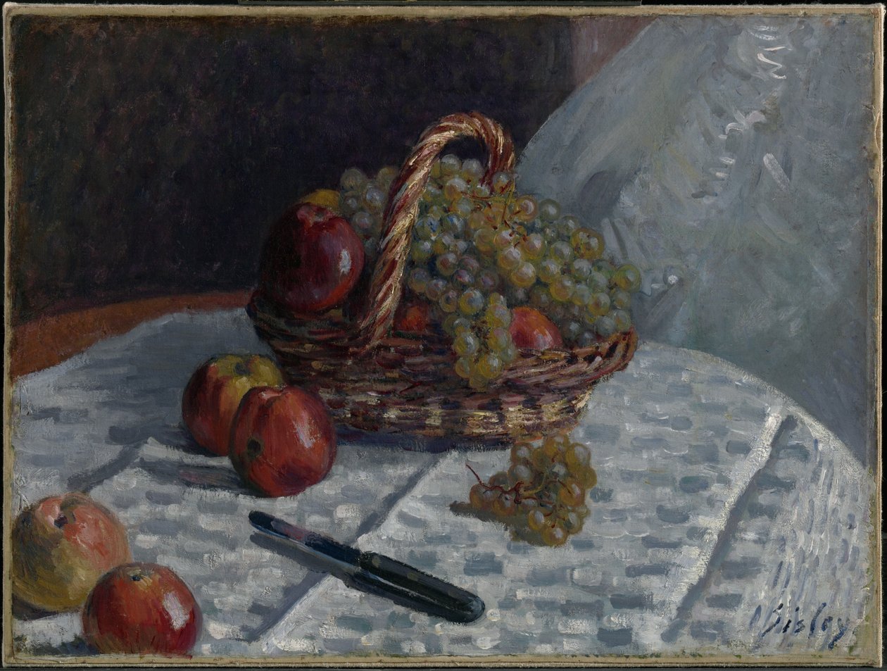 Äpfel und Trauben in einem Korb von Alfred Sisley