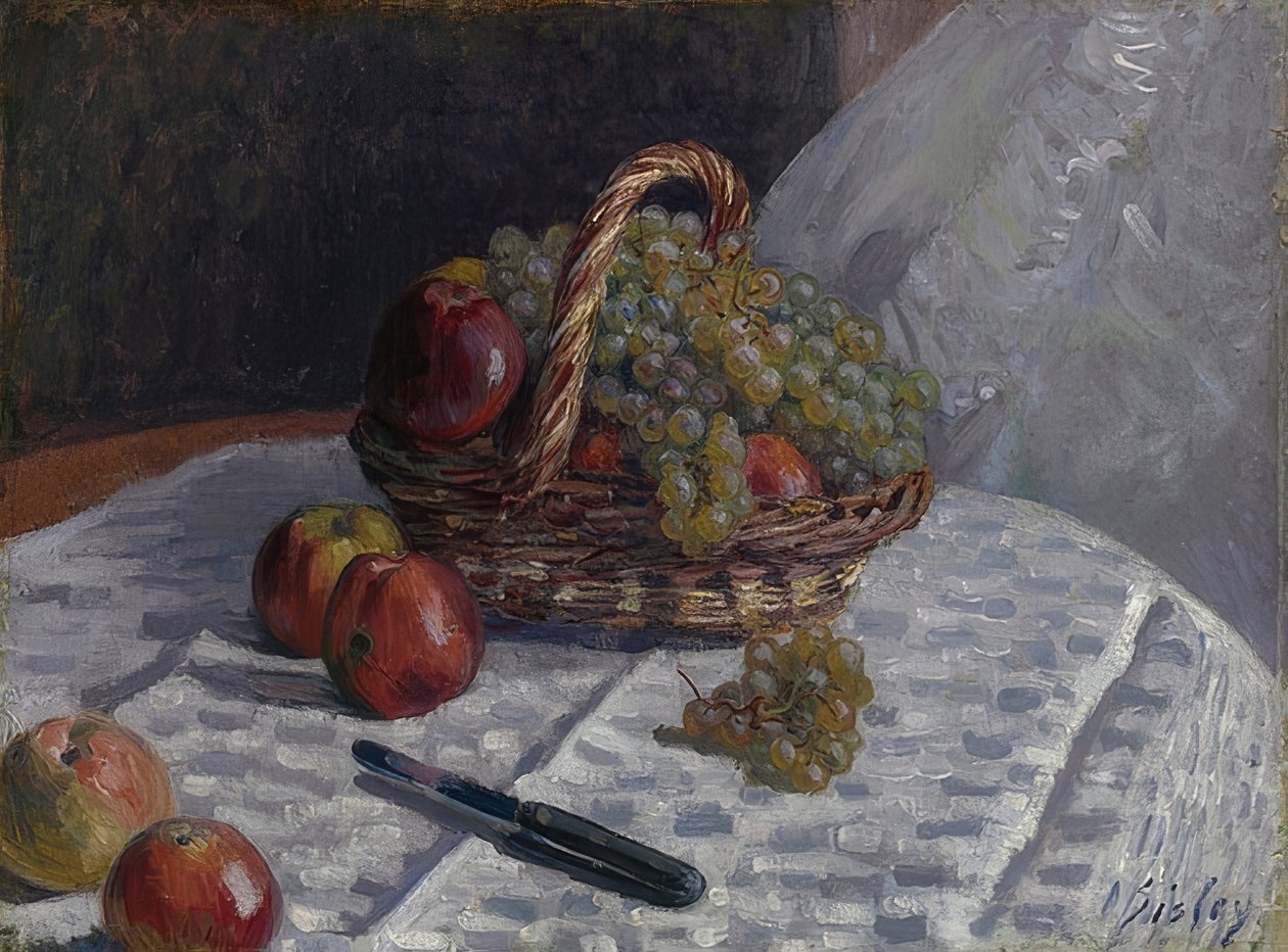 Äpfel und Trauben in einem Korb von Alfred Sisley