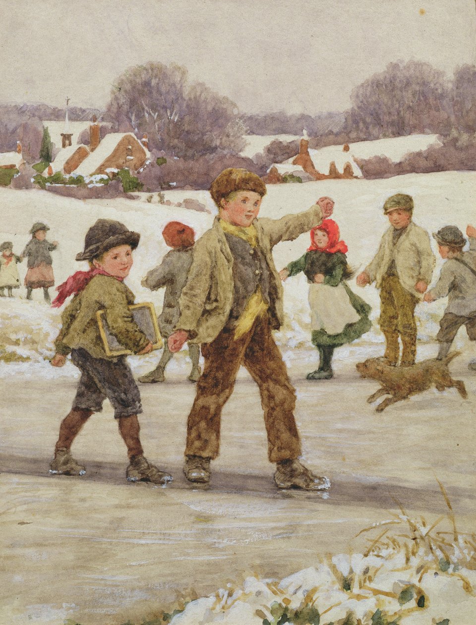 Kinder rutschen auf einem Teich von Alice Clausen