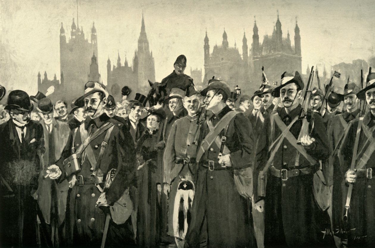 Londons Antwort - Die City Imperial Volunteers überqueren die Westminster Bridge, 1900 von Allan Stewart