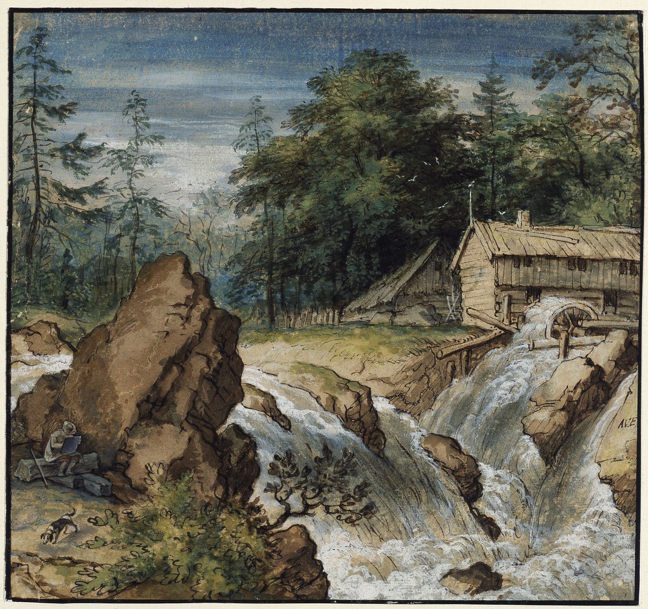 Nordische Landschaft mit einem Zeichner bei einem Wasserfall von Allart van Everdingen