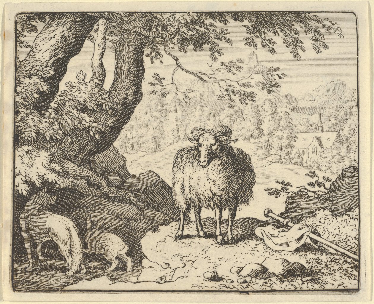 Renard überzeugt den Hasen, seinen Bau zu betreten, und tötet ihn von Allart van Everdingen