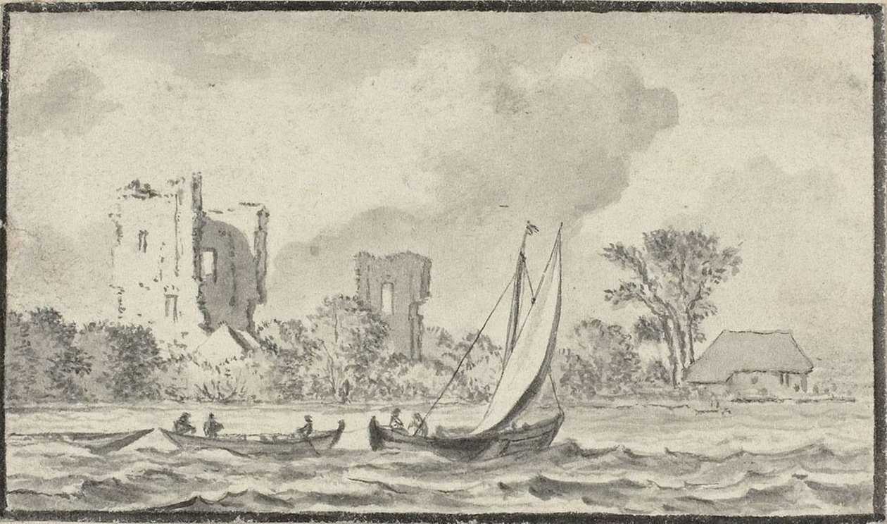 Drei Boote auf einem Fluss mit Ruinen entlang des Ufers von Allart van Everdingen