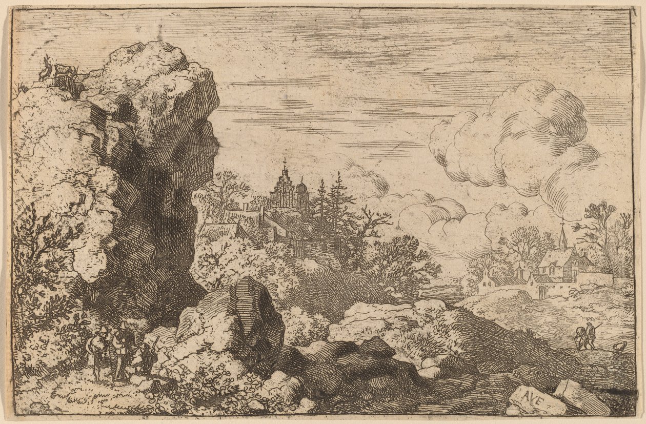 Drei Reisende am Fuße eines hohen Felsens, wahrscheinlich ca. 1645-1656 von Allart van Everdingen