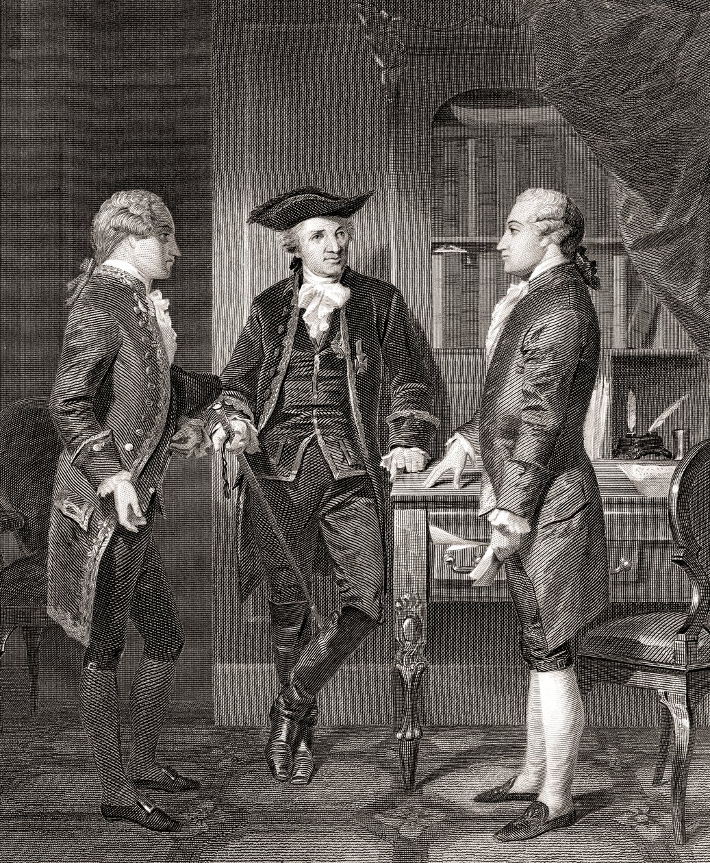 Johann Henry Jules Alexandre von Robaii, Baron de Kalb stellt Lafayette Silas Deane vor, aus Life and Times of Washington, Band 1, veröffentlicht 1857 von Alonzo (after) Chappel