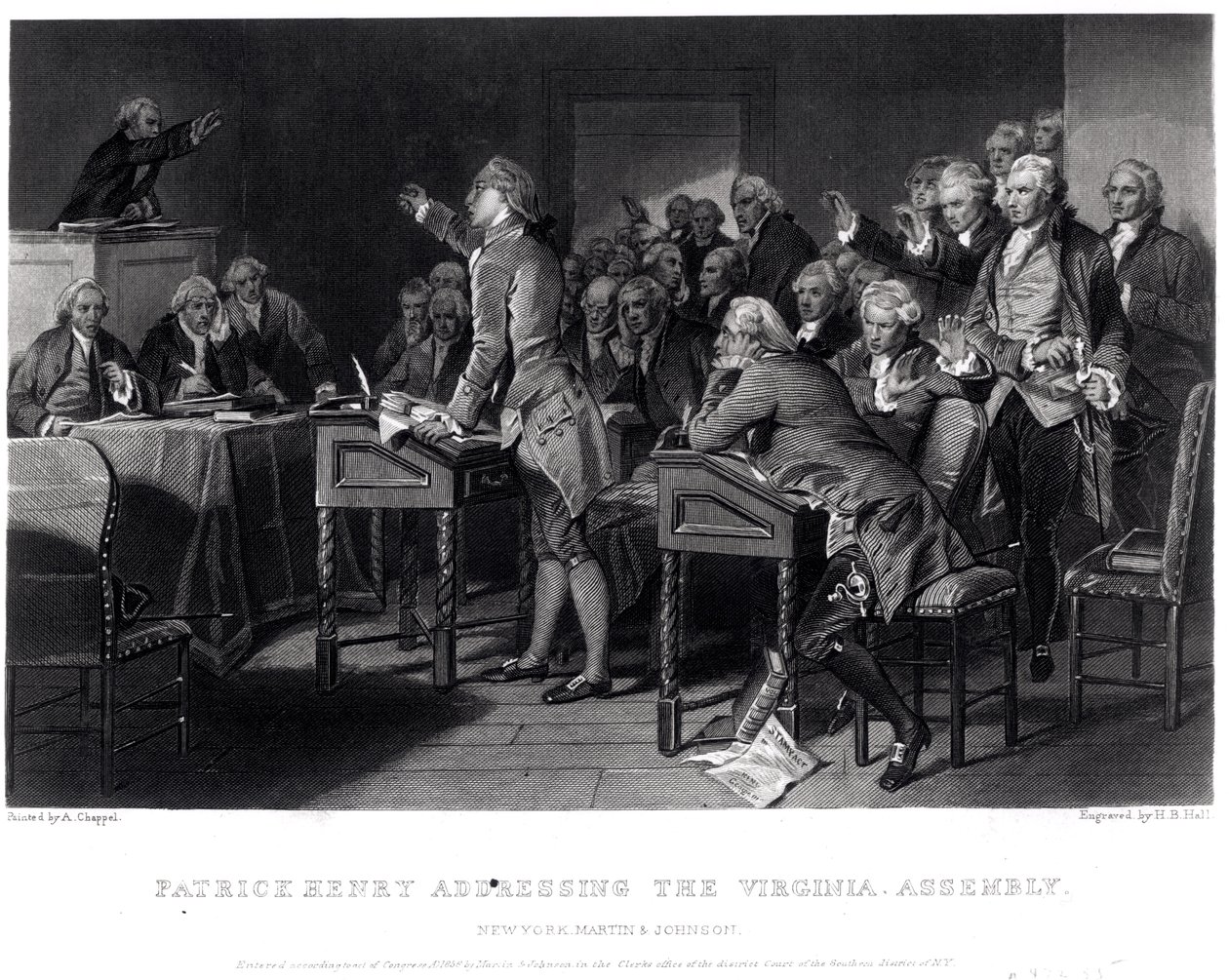 Patrick Henry spricht vor der Virginia Assembly, März 1775, graviert von Henry Bryan Hall (1808-84), 1856 von Alonzo Chappel