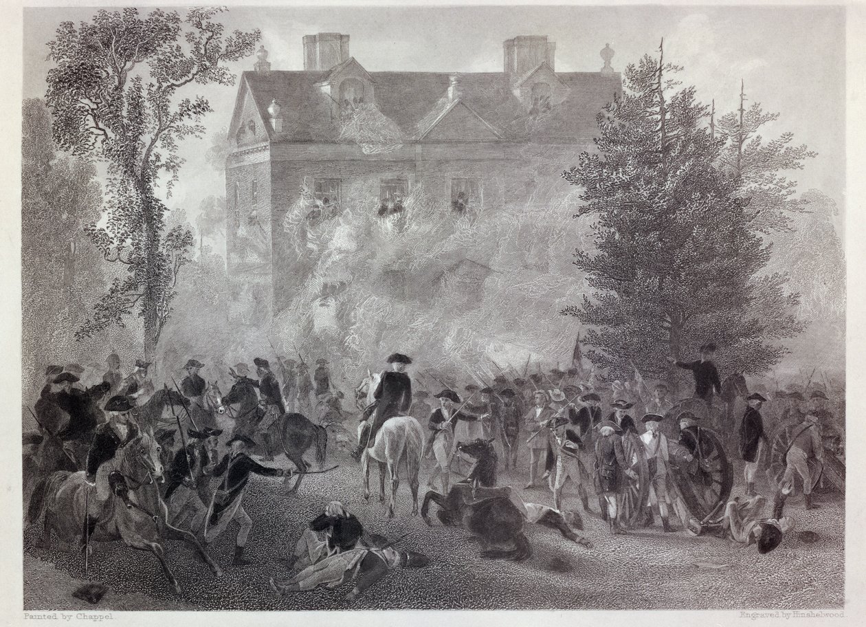 Die Schlacht von Germantown am Chew House im Jahr 1777, graviert von Robert Hinshelwood (1812-ca. 75) ca. 1860 von Alonzo Chappel