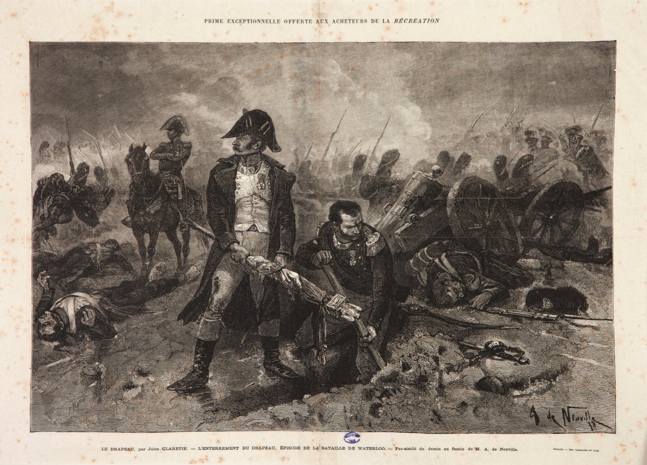 Die Beerdigung der Fahne, Episode der Schlacht von Waterloo, graviert von Jules Claretie von Alphonse Marie de Neuville