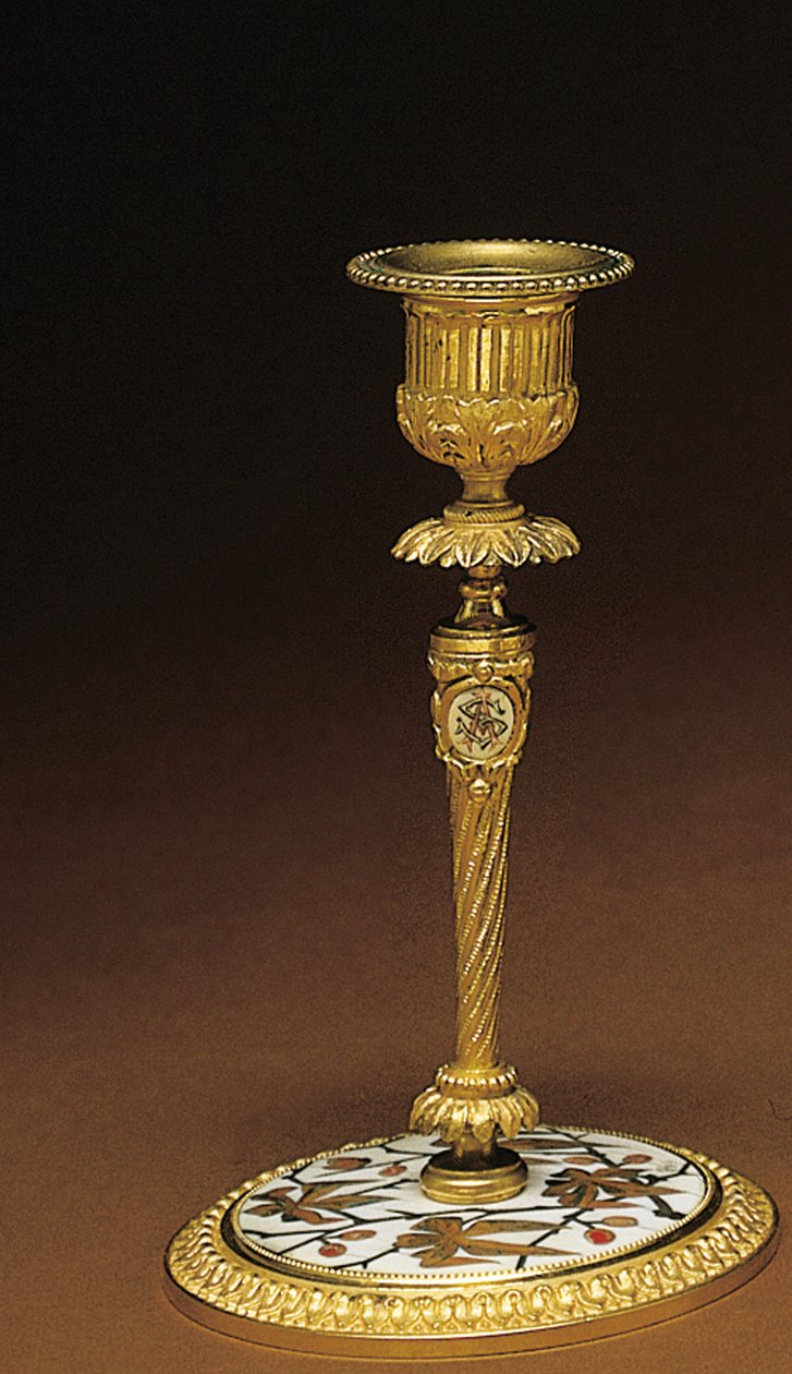 Kerzenhalter, aus einem Napoleon III Vier-Teile-Schreibtischset, Marketerie von Duvinage und Harinckouk, ca. 1877 von Alphonse Gustave Giroux