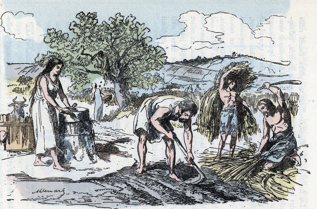 Alltagsleben in der Urgeschichte: Szene landwirtschaftlicher Arbeit im Eisenzeitalter von Alphonse Demarle