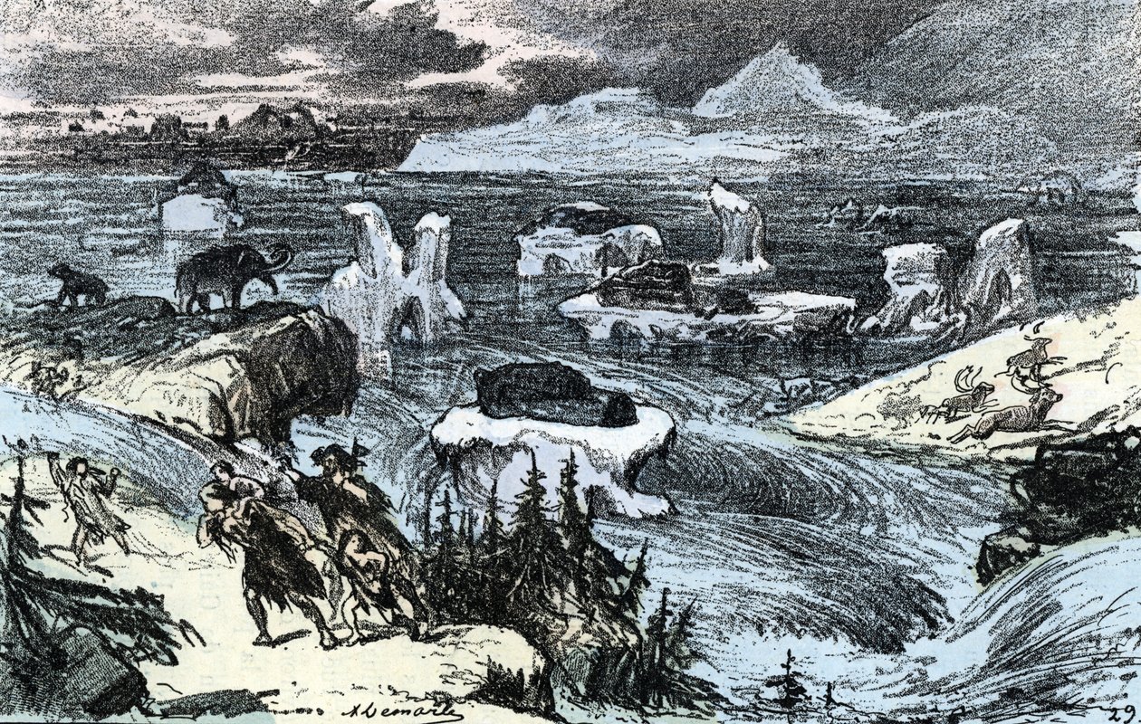 Urgeschichte; Überschwemmung in Mitteleuropa am Ende der Eiszeit. Gravur aus „Natur und Mensch“ von Rengade 1881. Private Sammlung von Alphonse Demarle