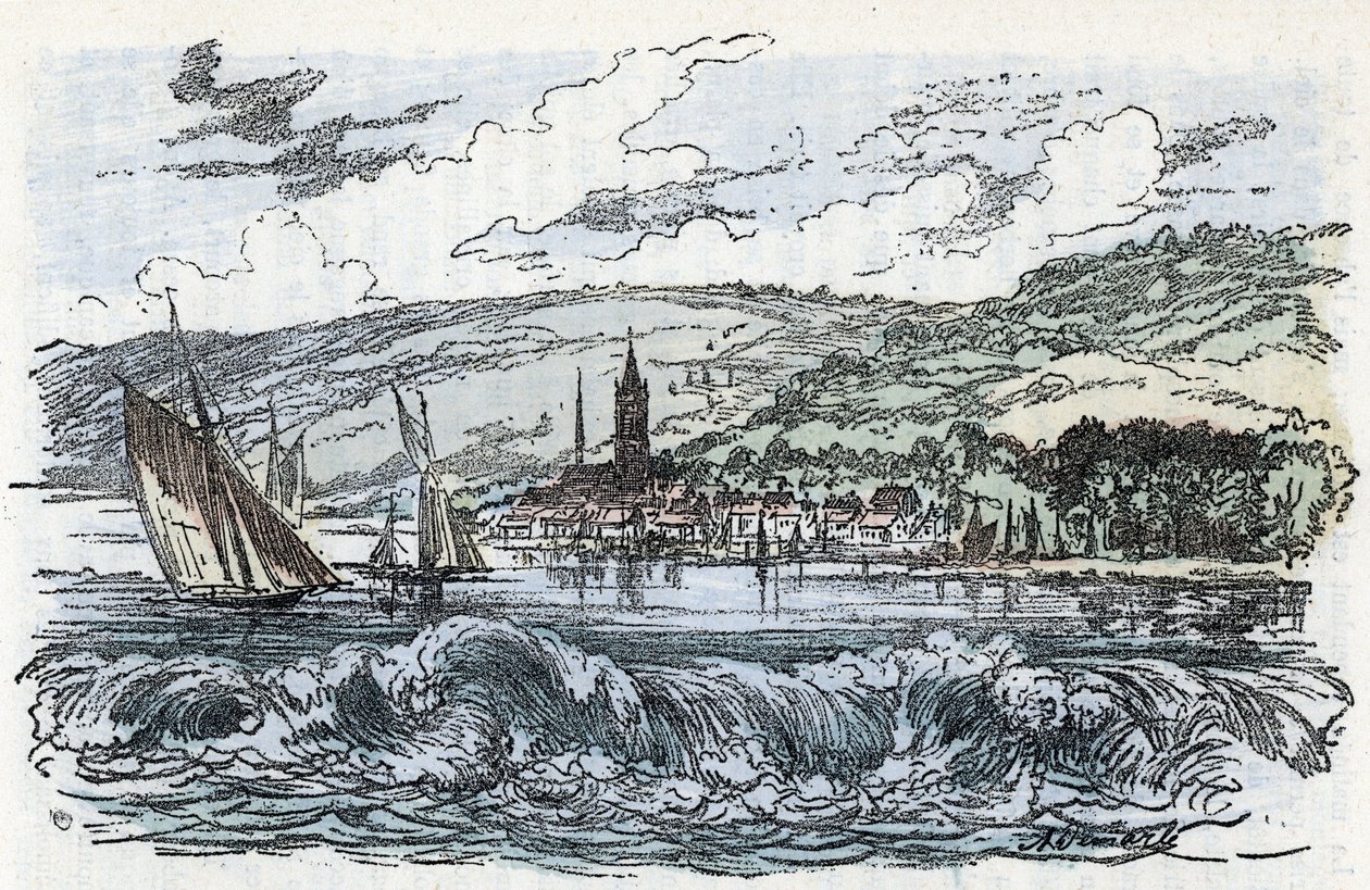 Ansicht des Mascaret der Seine in Caudebec-en-Caux in der Seine-Maritime, Normandie. Gravur aus „Natur und Mensch“ von Rengade 1881. Private Sammlung von Alphonse Demarle