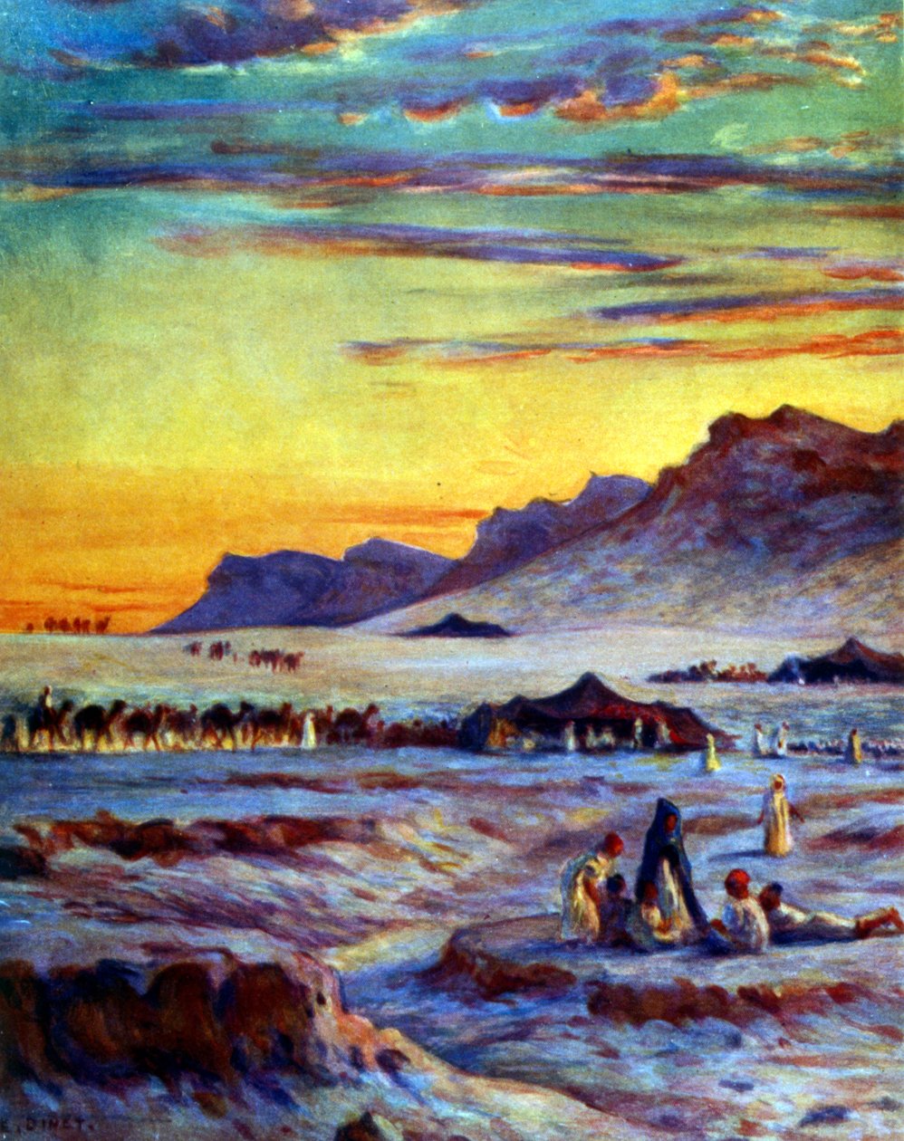 Gruppe arabischer Nomaden in der Wüste. Von Nasreddine Dinet (Alphonse-Étienne Dinet). 1861 – 1929. Ein französischer orientalistischer Maler. 1918 von Alphonse Etienne Dinet