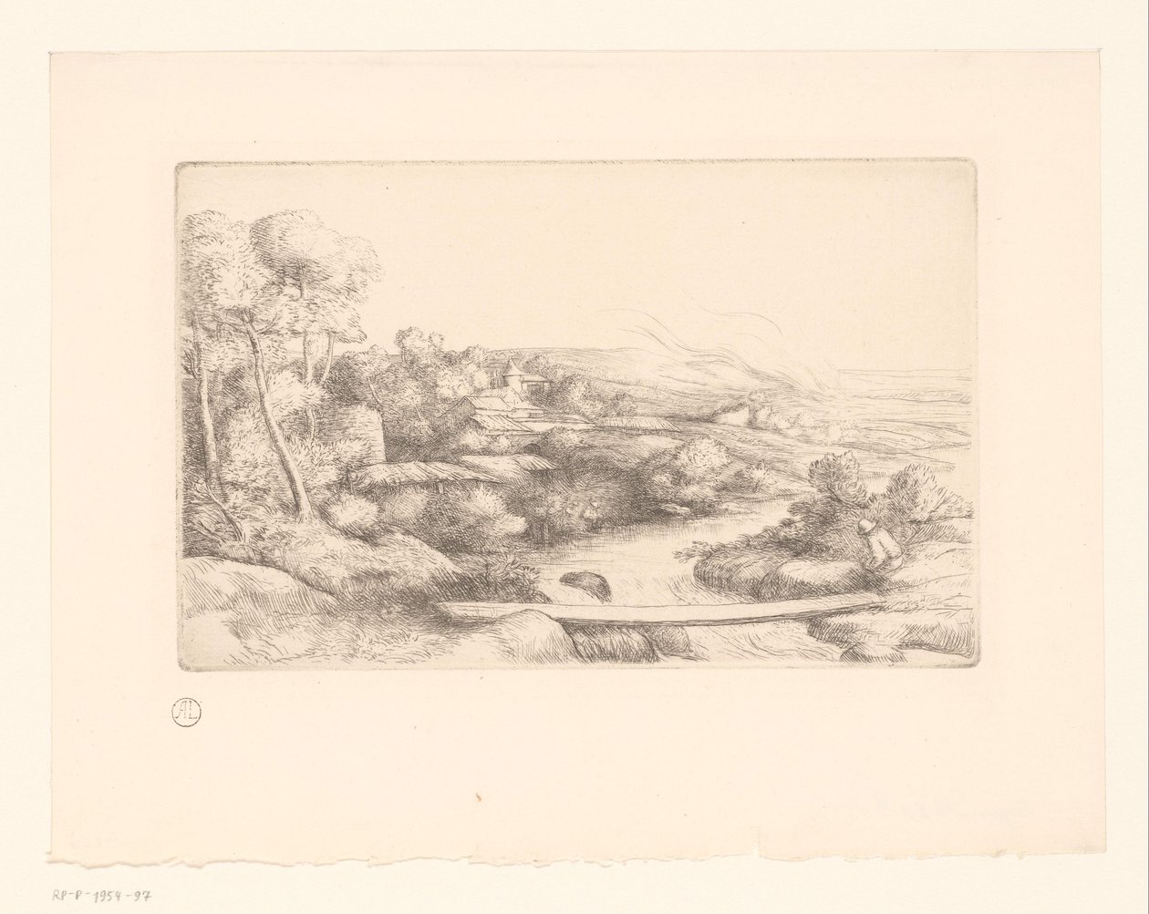 Landschaft mit Brücke über einen Fluss von Alphonse Legros (attributed to)