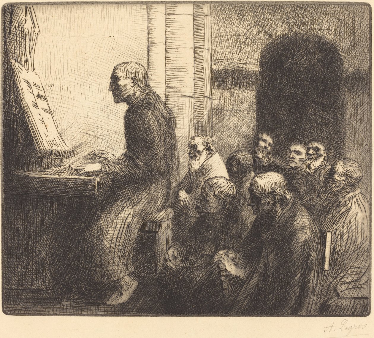 Mönch spielt Orgel in der Kirche von Alphonse Legros