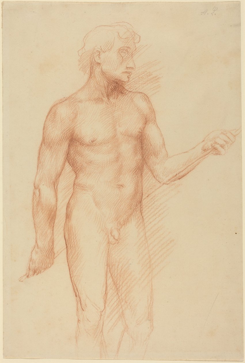 Studie einer Männerfigur, die einen Stab hinter dem Rücken hält von Alphonse Legros