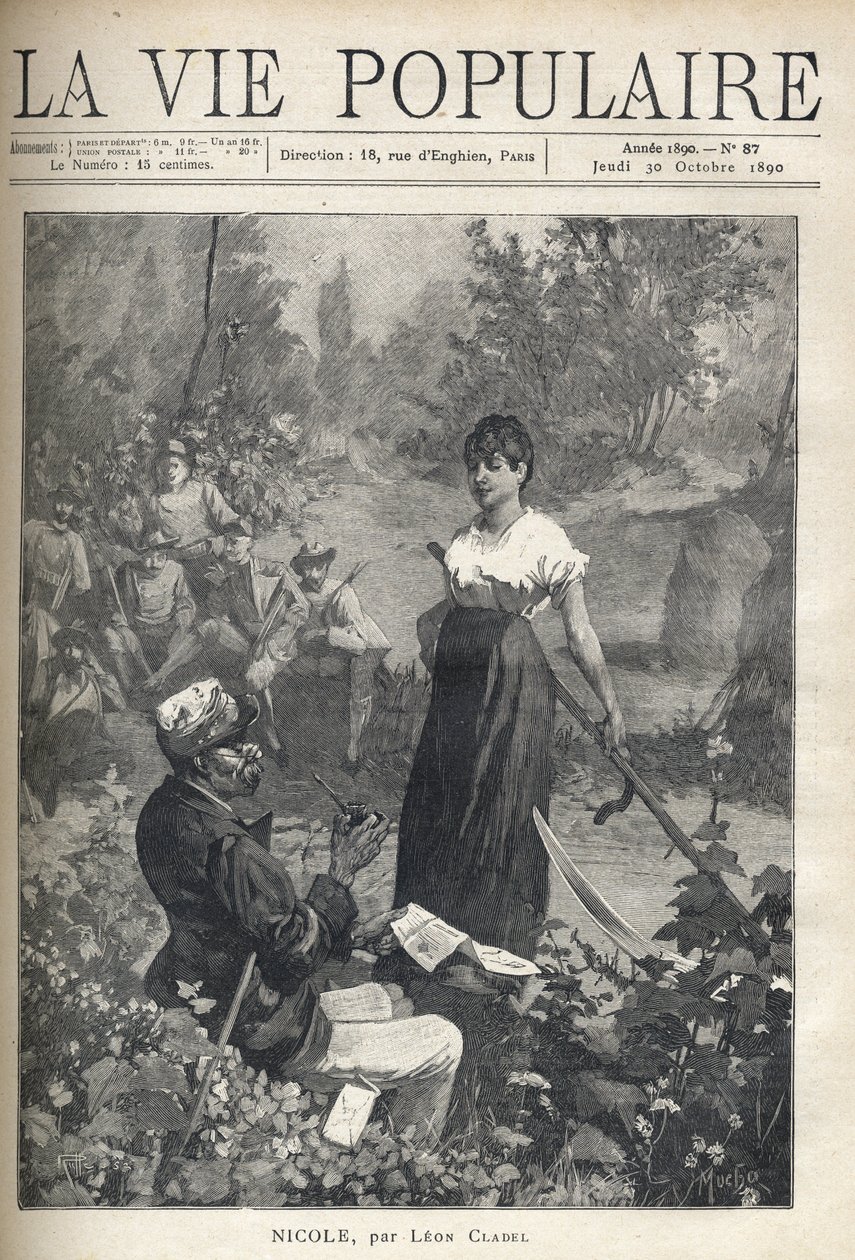 Ein alter Mann liest einer schönen jungen Bäuerin einen Brief vor, während Jäger die Szene aus der Ferne beobachten von Alphonse Mucha