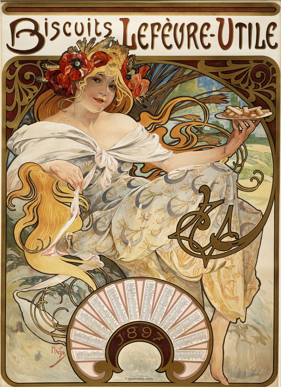 Biscuits Lefevre-Utile, entworfen als Kalender für 1897, 1896 von Alphonse Mucha