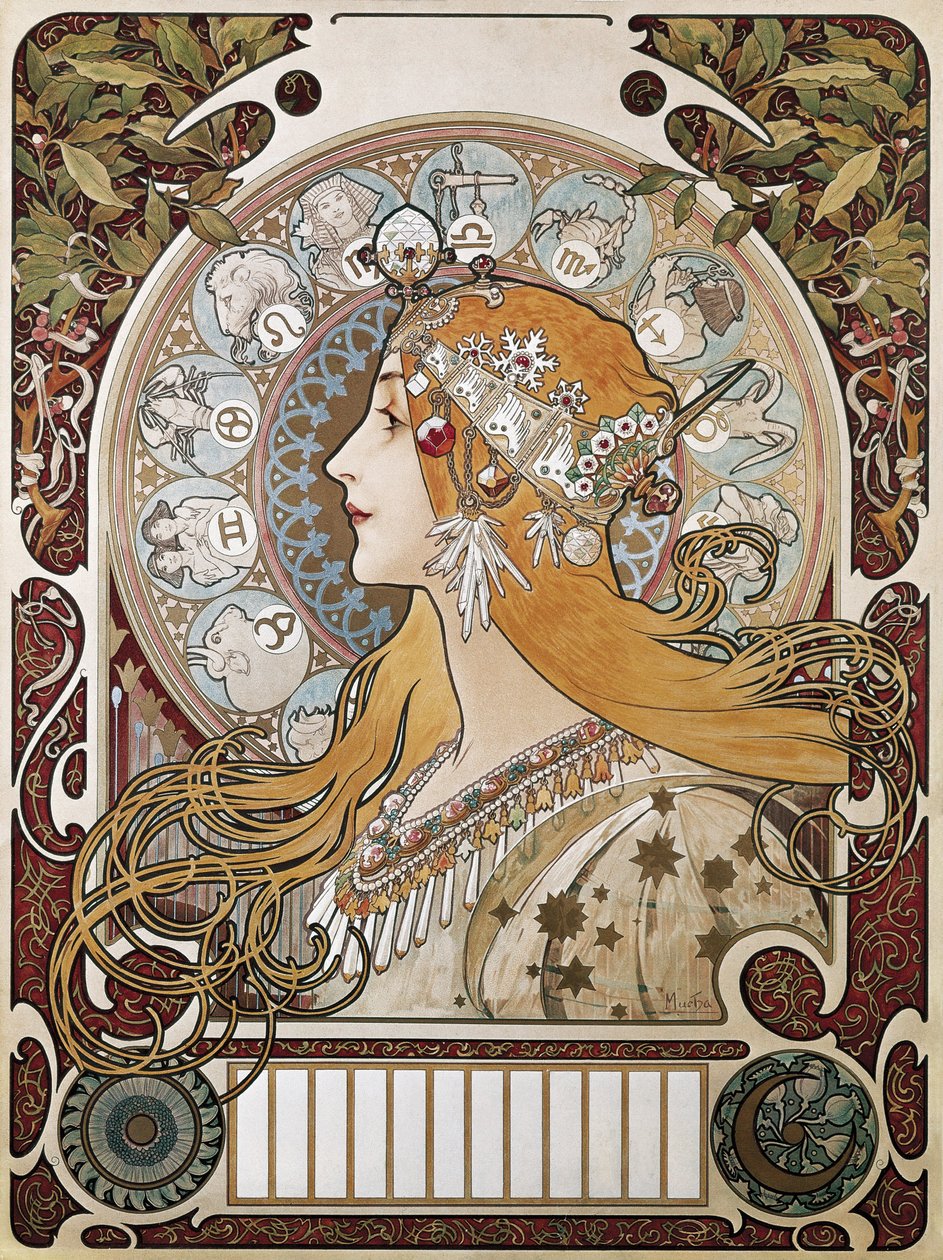 MUCHA, Alphonse Maria (1860-1939). Zodiac. 1896. Poster und Kalender, der die Zeitschrift „La Plume“ (Die Feder) bewirbt. Modernismus. Lithografie von Alphonse Marie Mucha
