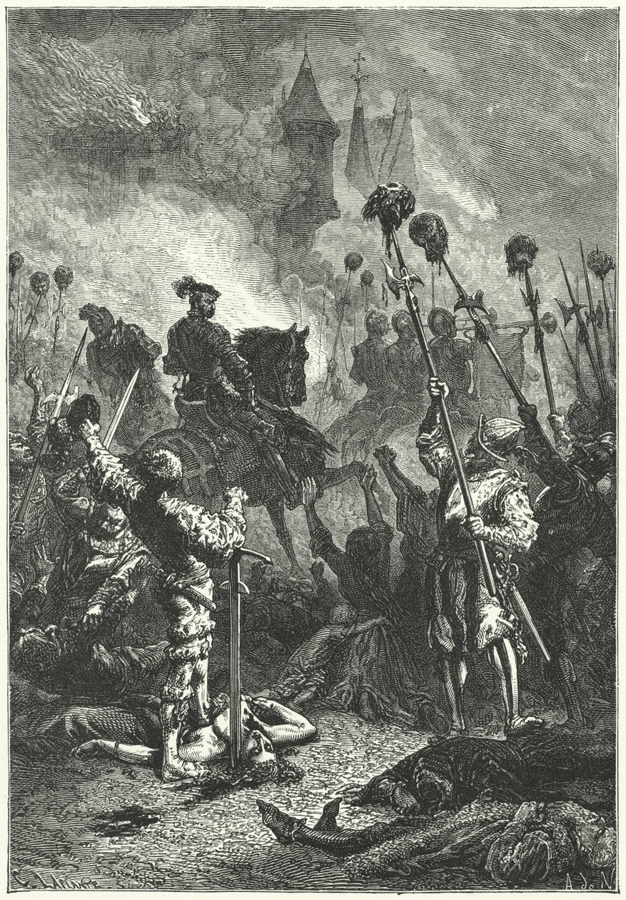 Florian Geyer nach dem Massaker an den Verteidigern der Burg Weinsberg im Deutschen Bauernkrieg von Alphonse Marie de (after) Neuville