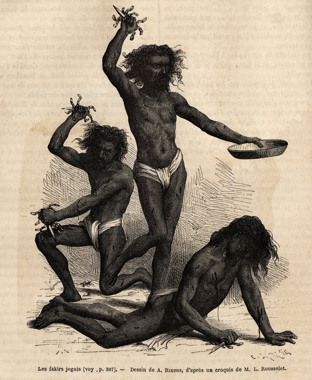 Joguis Fakire, auf der Bhopal-Messe, sind religiöse Bettler, die fast nackt und mit zerzausten Haaren herumlaufen, schreien und eine Art makabren Tanz aufführen, lange scharfe Dolche schwingen, die mit Stahlketten verziert sind, die sie sich in die Brust r von Alphonse Marie de Neuville