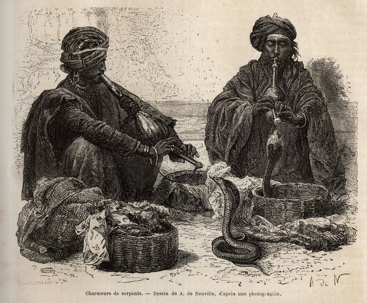 Die Schlangenbeschwörer, die mit Reptilien handeln, die sie durch Blasen in ihre Flöte anziehen, graviert nach der Zeichnung von A. de Neuville, zur Illustration der Reise nach Indien der Rajahs, 1864-1868, von Louis Rousselet, veröffentlicht in „Le tour d von Alphonse Marie de Neuville