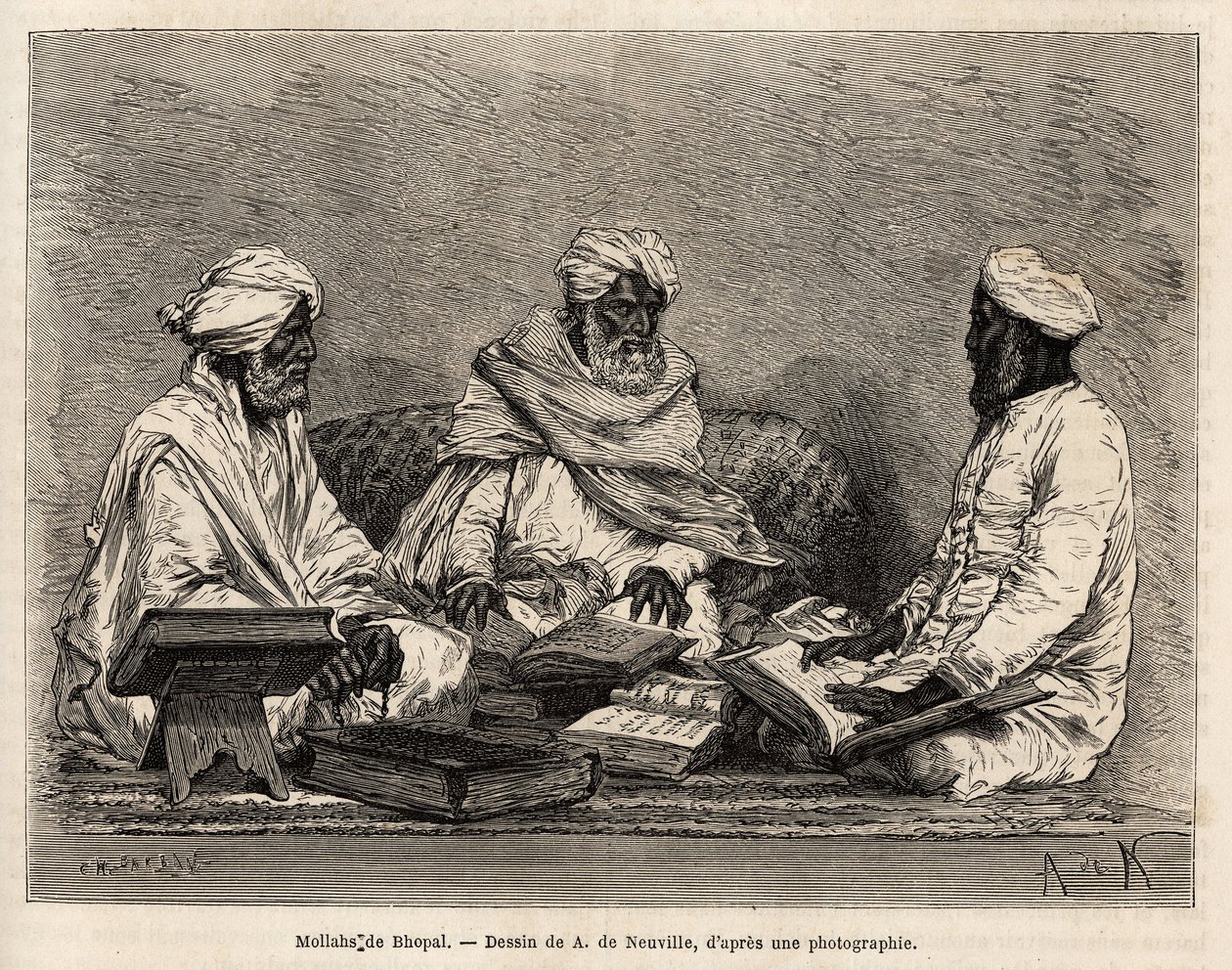 Die Mullahs der Moschee von Bhopal, in voller Diskussion über die strittigen Punkte der muslimischen Religion, Gravur nach der Zeichnung von A. de Neuville, zur Illustration der Reise in Indien der Rajahs, 1864-1868, von Louis Rousselet, veröffentlicht in  von Alphonse Marie de Neuville
