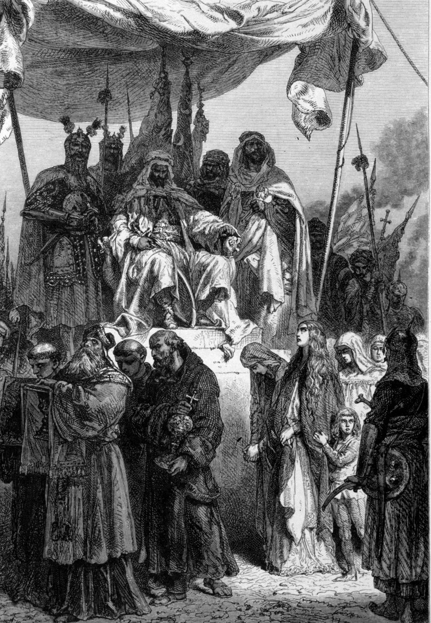 Die Christen von Jerusalem verlassen die Stadt vor Saladin (1138-1193) nach der Eroberung der Stadt 1187. Gravur von Neuville 1879. von Alphonse Marie de Neuville