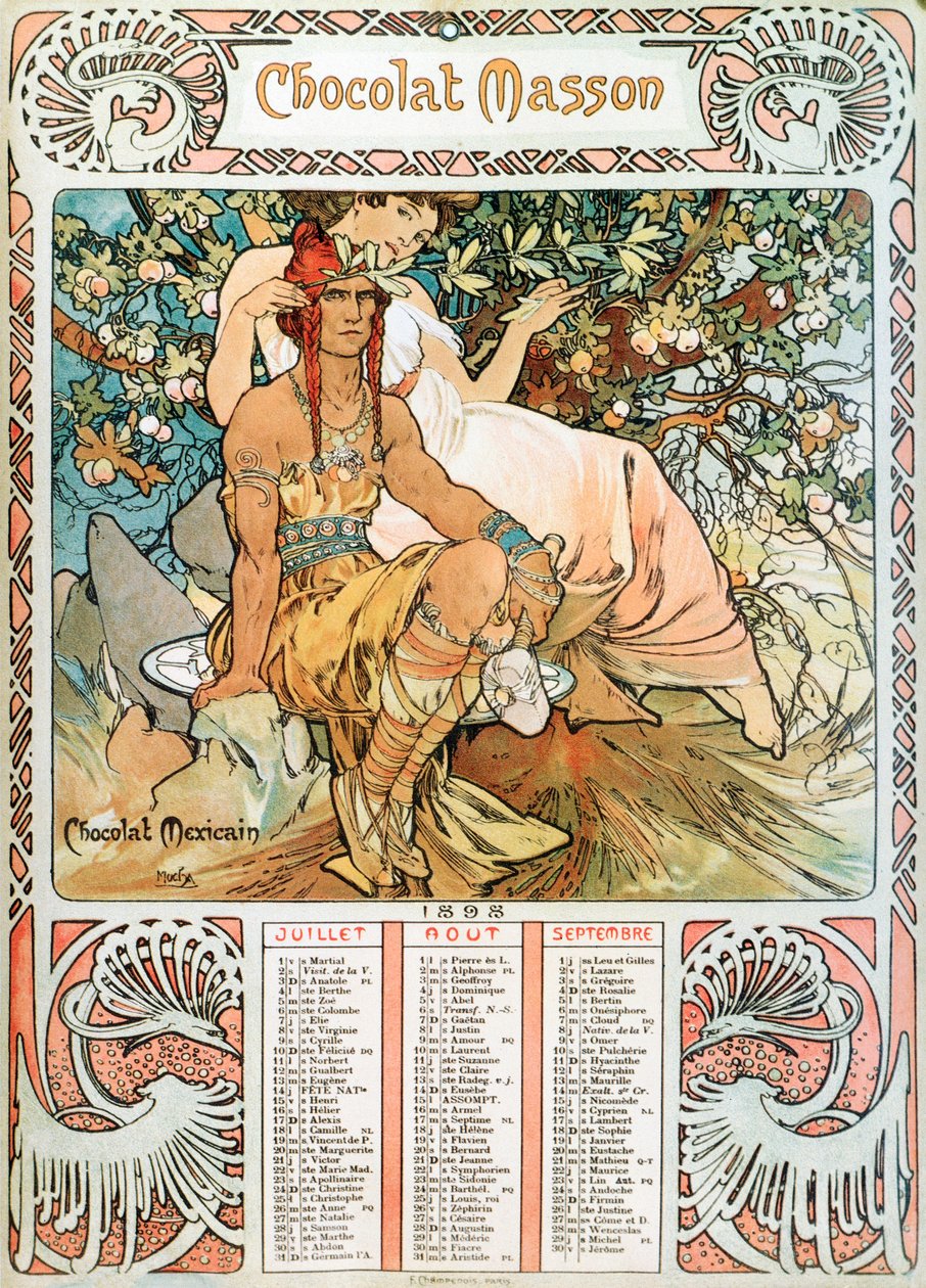 Kalenderseite des Jahres 1898, dekoriert mit einer Werbeillustration von Alphonse Mucha für die Schokoladen Masson von Alphonse Mucha