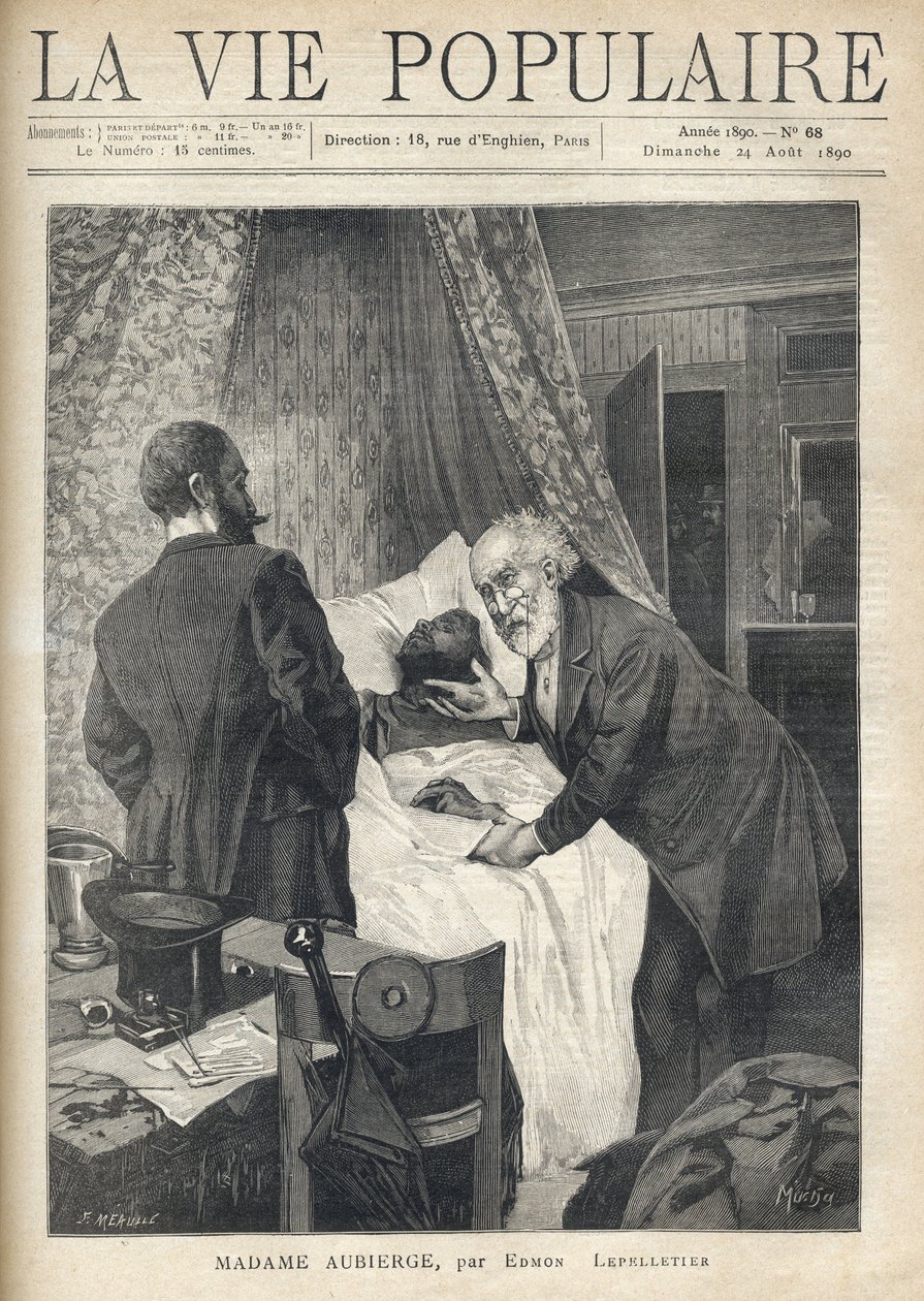 Zwei Männer beugen sich über ein Bett, um den Tod eines Mannes zu sehen. An der Tür beobachten andere Männer die Szene. Illustration von Alfons Maria Mucha (Alphonse Marie Mucha) von Alphonse Mucha