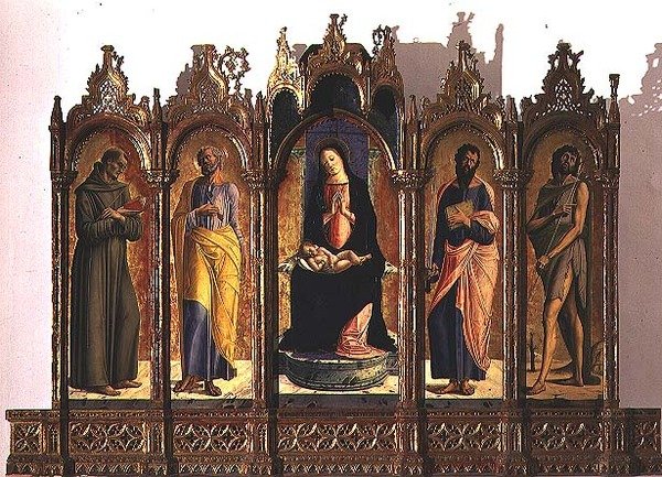 Polyptychon zeigt (zentrales Panel) Madonna und Kind auf dem Thron; St. Dominikus und St. Petrus (linke Panels); St. Paulus und St. Johannes der Täufer (rechte Panels) von Alvise Vivarini