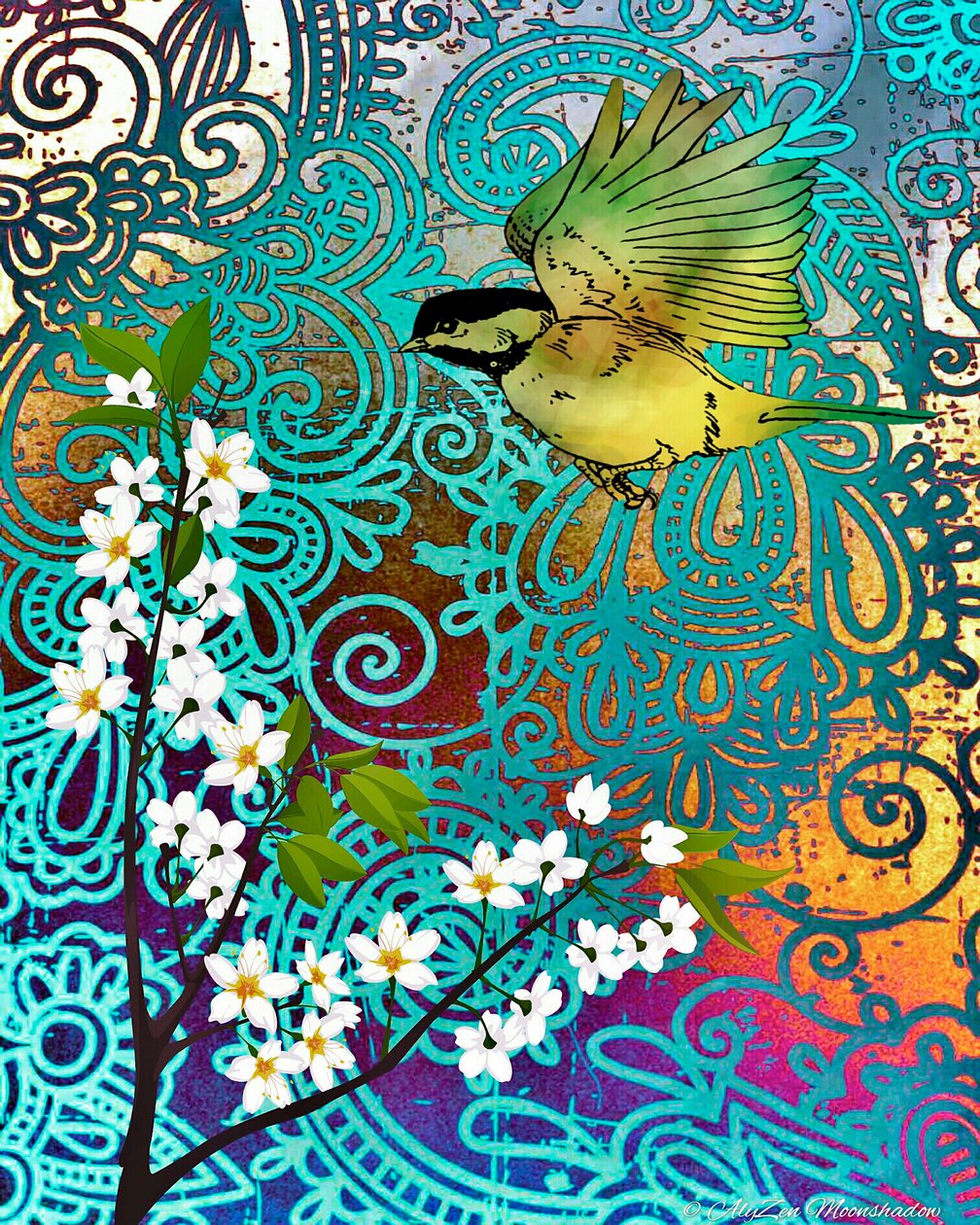 Vogel mit Kirschblüten, 2014 von AlyZen Moonshadow