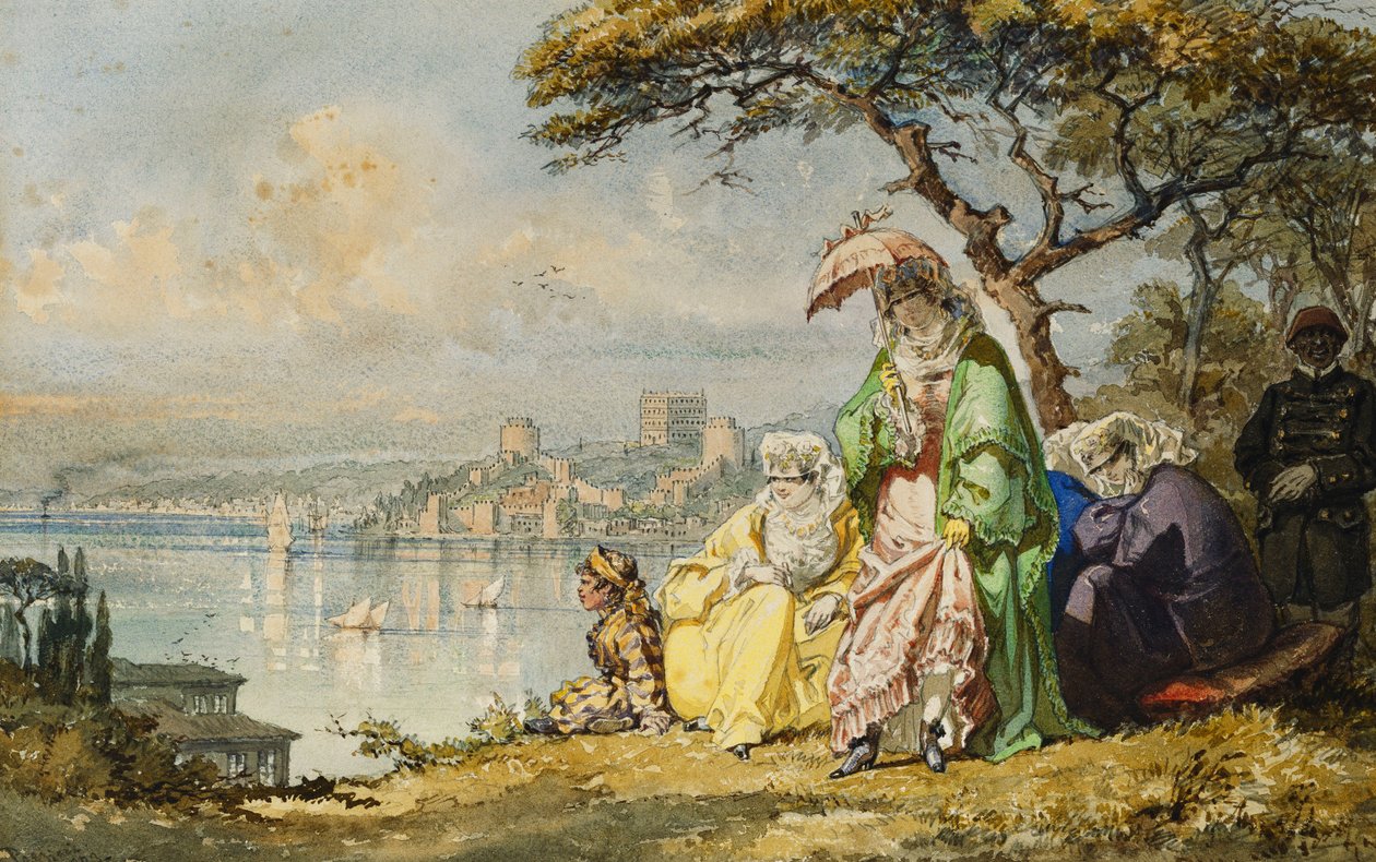 Damen am Bosporus mit Rumeli Hisar im Hintergrund, 1873 von Amadeo Preziosi