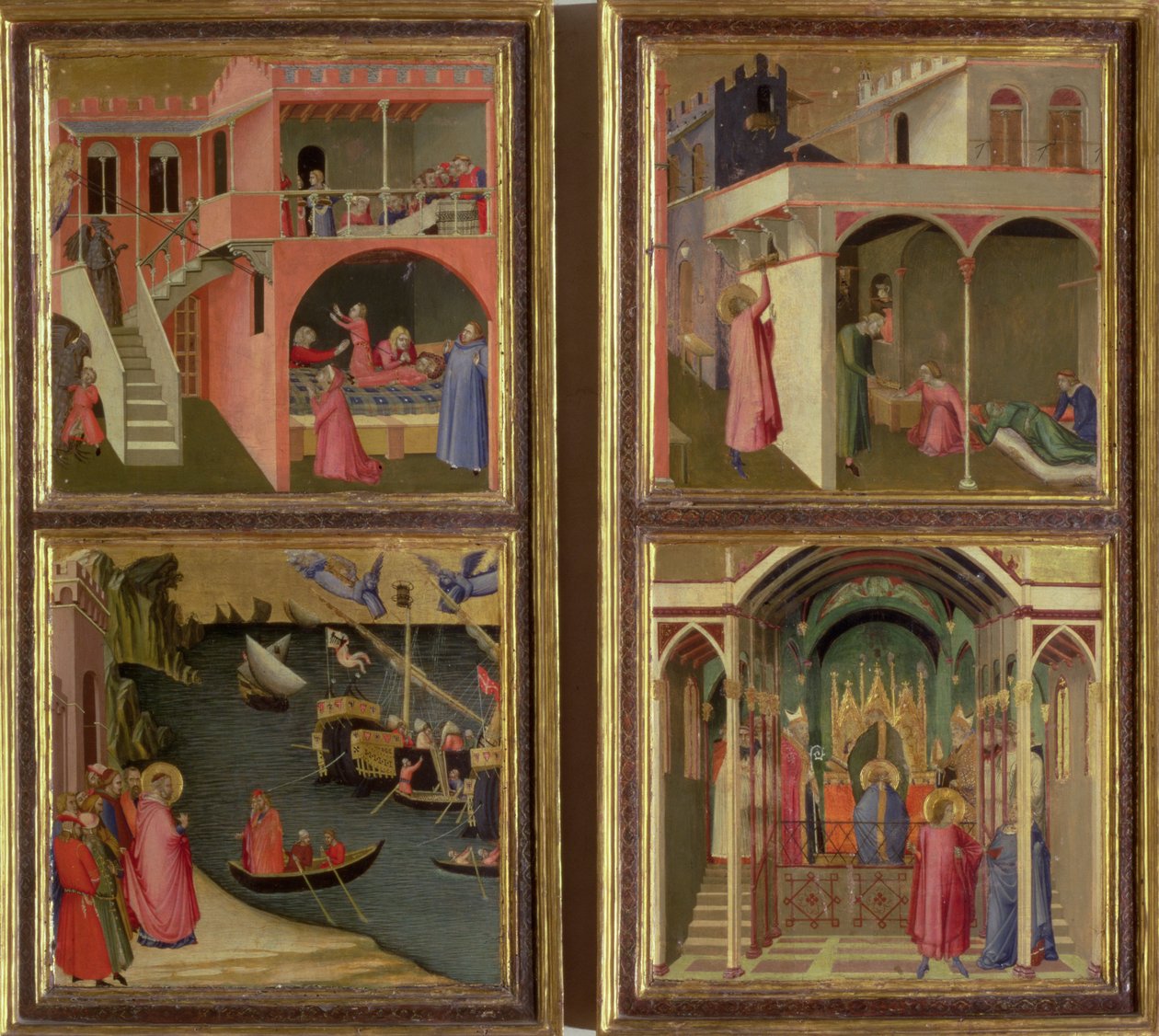 Vier Szenen aus dem Leben des Heiligen Nikolaus: Der Heilige Nikolaus gibt drei Mädchen ihre Mitgift; Der Heilige Nikolaus wird zum Bischof von Myra gewählt; Wiederbelebung eines vom Teufel erwürgten Jungen; Befreiung von Myra aus der Hungersnot von Ambrogio Lorenzetti
