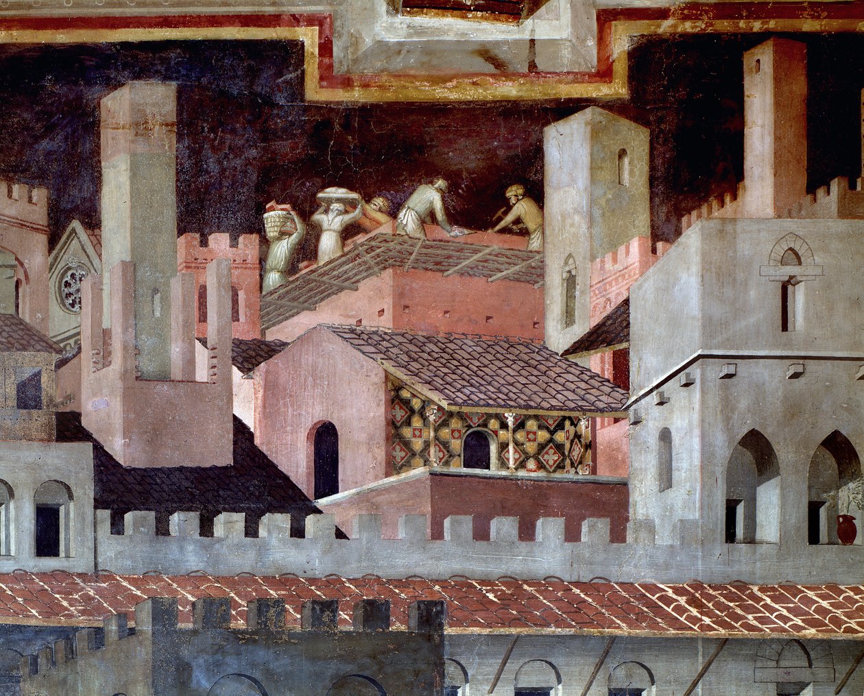 Die Auswirkungen guter und schlechter Regierung auf die Stadt und das Land. Detail der Auswirkungen guter Regierung in der Stadt von Ambrogio Lorenzetti