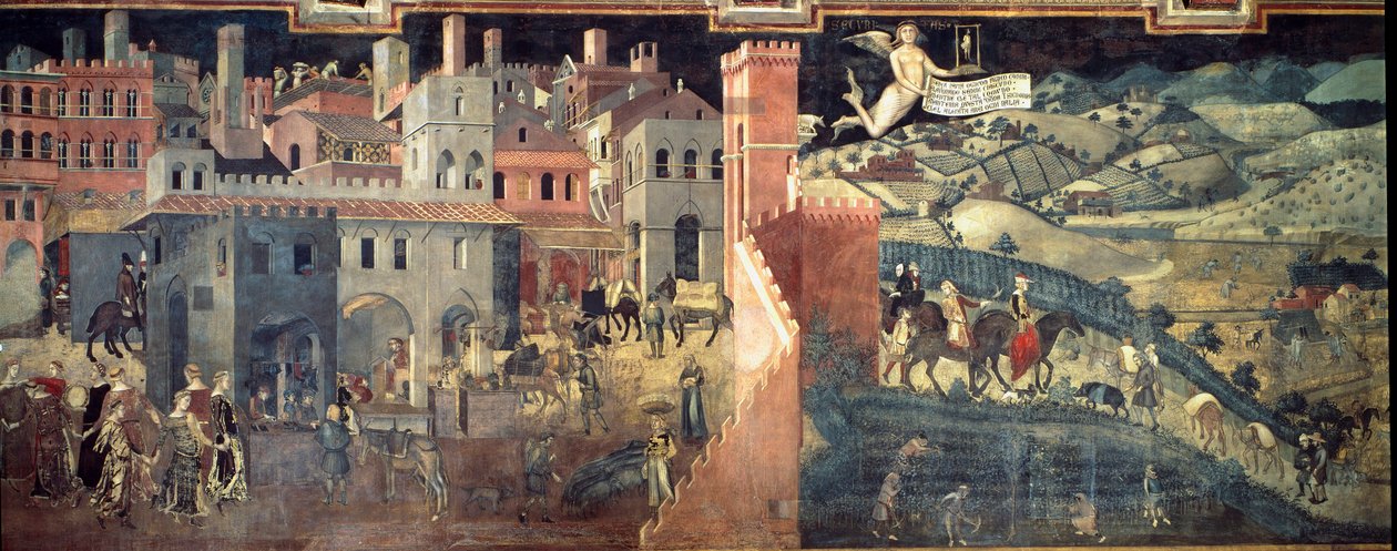 Die Auswirkungen von guter und schlechter Regierung auf die Stadt und das Land. Detail der Stadt. Fresko von Ambrogio Lorenzetti (1290-1348) von Ambrogio Lorenzetti