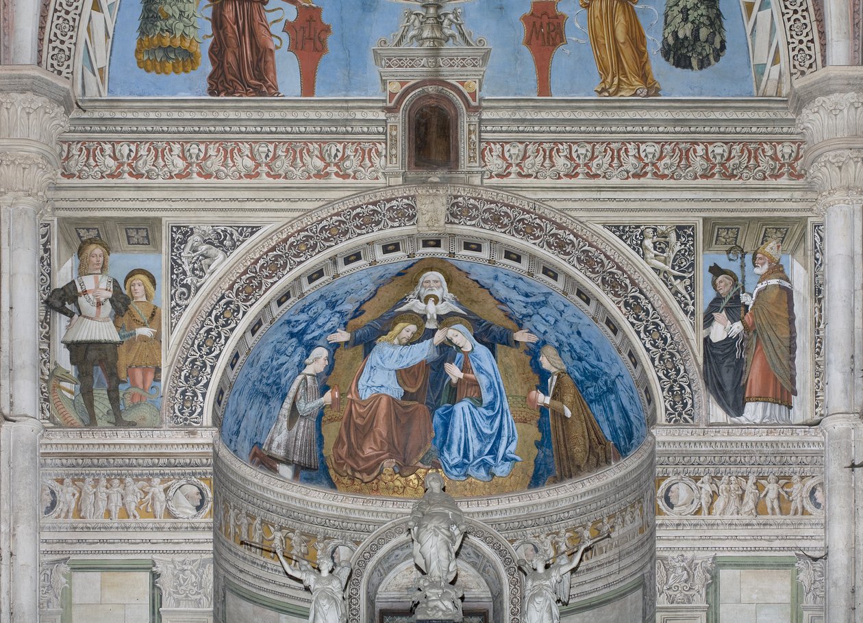 Krönung der Jungfrau Maria mit Gott und dem Heiligen Geist zwischen Francesco und Ludovico Sforza von Ambrogio da Fossano