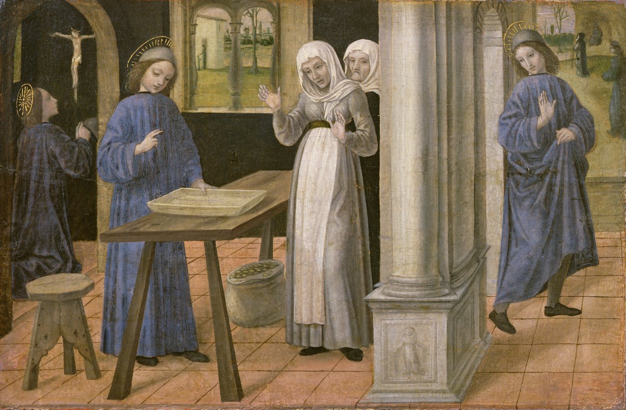 Das Gebet, das Wunder des Siebs und die Abreise nach Subiaco, Predella-Tafel eines Altars mit Szenen aus dem Leben des hl. Benedikt, 1488-95 von Ambrogio da Fossano