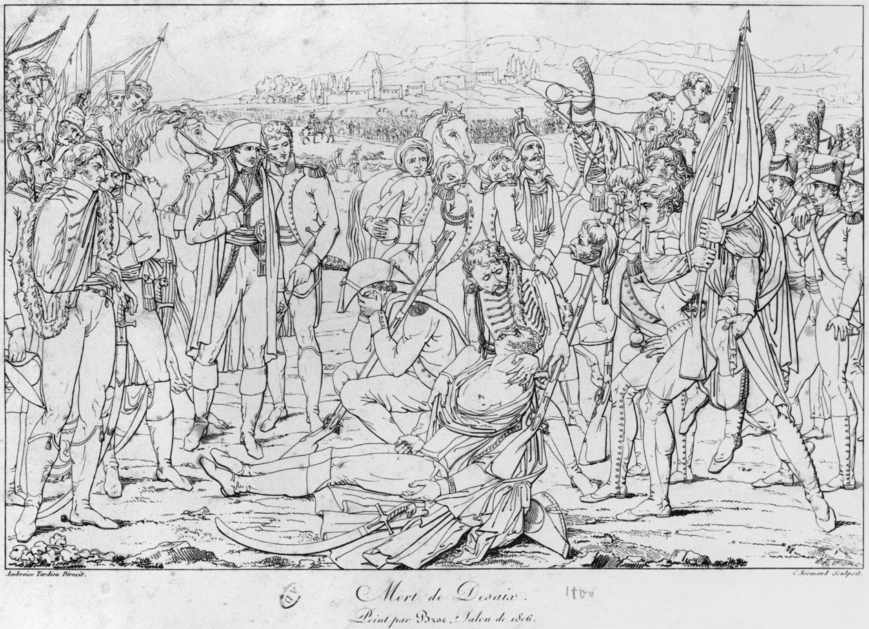 Tod von General Desaix in der Schlacht von Marengo am 14. Juni 1800, nach einem Gemälde von Jean Broc, Salon von 1806, graviert von Charles Normand (1765-1840) von Ambroise Tardieu