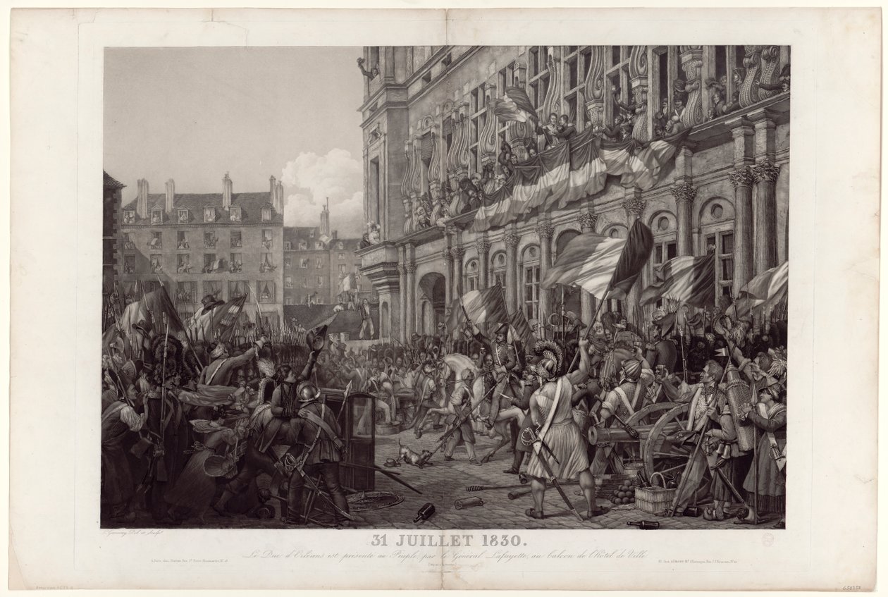 Der Herzog von Orléans wird dem Volk vom General La Fayette am Balkon des Hôtel de Ville am 31. Juli 1830 vorgestellt. von Ambroise Louis Garneray