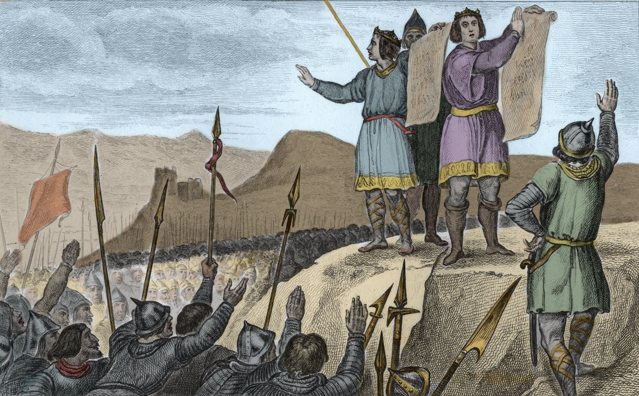 Karl II. (823-77) der Kahle und sein Bruder Ludwig der Deutsche schließen 842 einen Vertrag in Straßburg - Straßburger Eide, abgelegt von Karl II. dem Kahlen (823-877), König von Frankreich und Kaiser des Westens, und Ludwig dem Deutschen, 14. Februar 842  von Ambroise Tardieu