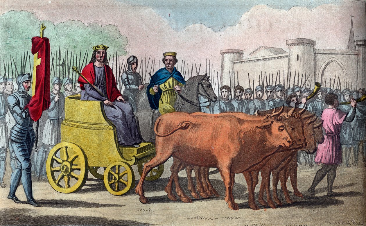 Chlodwig III (gestorben 695), Merowinger-Dynastie, König von Austrasien von 691 bis 695. Pepin von Heristal setzt die Krone auf den Kopf von Chlodwig III - Zeichnung und Gravur von Ambroise Tardieu, 1825 von Ambroise Tardieu