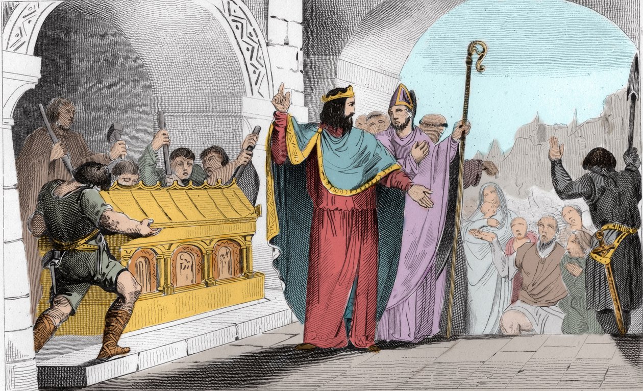 Chlodwig II (635-657) verkauft Silber und Gold aus dem Schrein, um die Armen zu ernähren - Chlodwig II genannt „der Faule“, um die Armen zu ernähren, ließ die Gold- und Silberblätter aus der Kirche von Saint-Denis entfernen - Gravur von 1825 in „Histoire d von Ambroise Tardieu