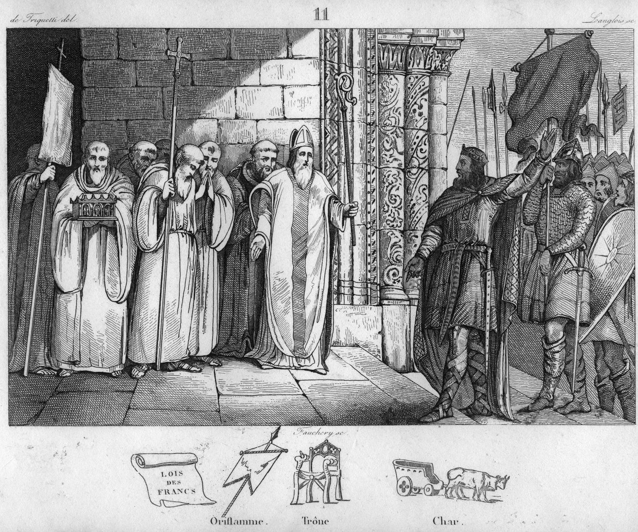 Dagobert 603 bis 639 nimmt das Banner in St. Denis herunter - Dagobert I., König der Franken, ließ um 634 die Oriflamme in der Abtei Saint-Denis niederlegen - Gravur von 1825 in „Histoire de France“ dargestellt durch synoptische Gemälde gewidmet von Ambroise Tardieu