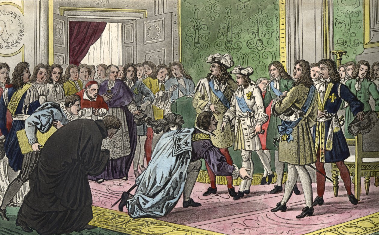 Ludwig XIV. (1638-1715), umgeben von seiner Familie und den wichtigsten Persönlichkeiten des Hofes, stellt seinen Enkel Philipp V. den Gesandten Spaniens als ihren neuen König im Jahr 1700 vor. - Entworfen und graviert von Ambroise Tardieu im Jahr 1825 von Ambroise Tardieu