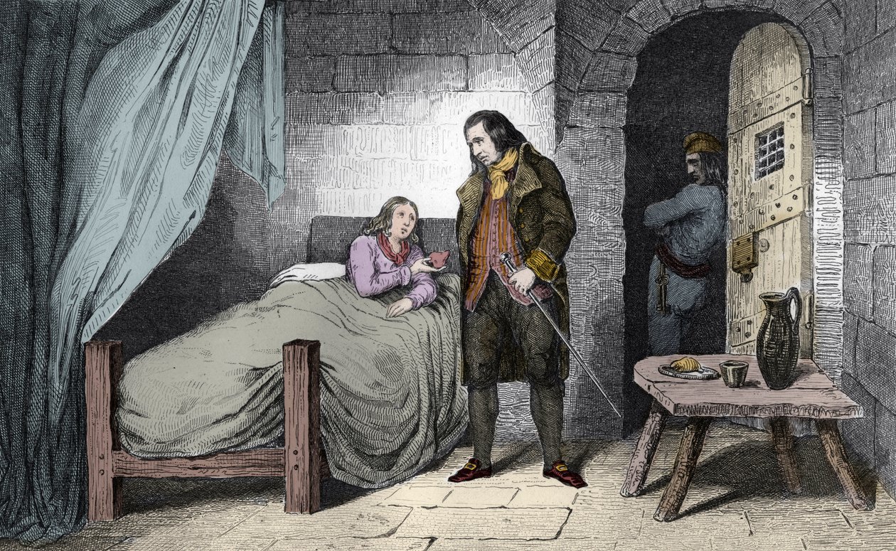 Ludwig XVII. (1785-95) krank und eingesperrt - der Dauphin von Frankreich Ludwig XVII. (1785-1795) krank im Gefängnis des Tempels - Gravur von 1825 in „Histoire de France“ dargestellt durch synoptische Gemälde, gewidmet den Kindern Frankreichs und verwende von Ambroise Tardieu